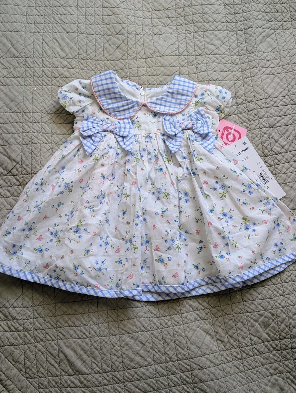 Rare Editions Puff Sleeve Peter Gingham Collar Floral Dress 12months NWT